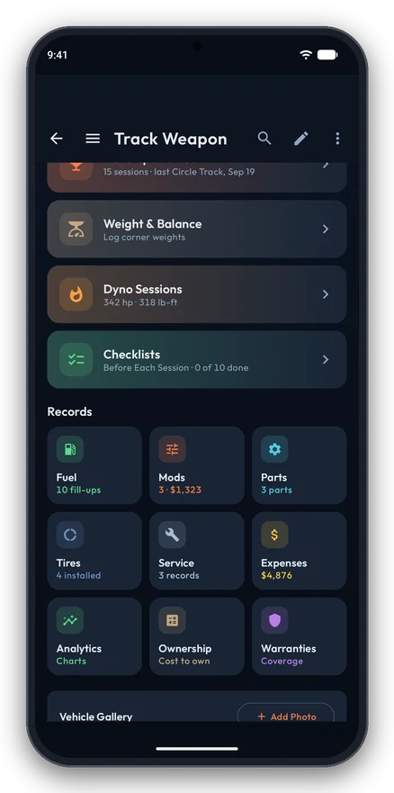 Vehicle records screen with service history