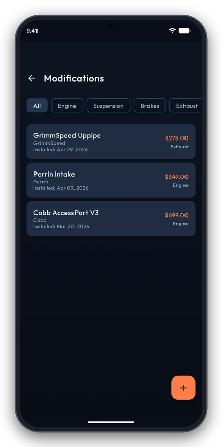 Modifications list with brands and costs