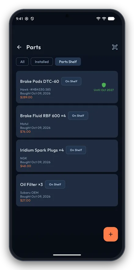 Parts shelf listing brake pads, brake fluid, spark plugs and oil filters with quantities and costs