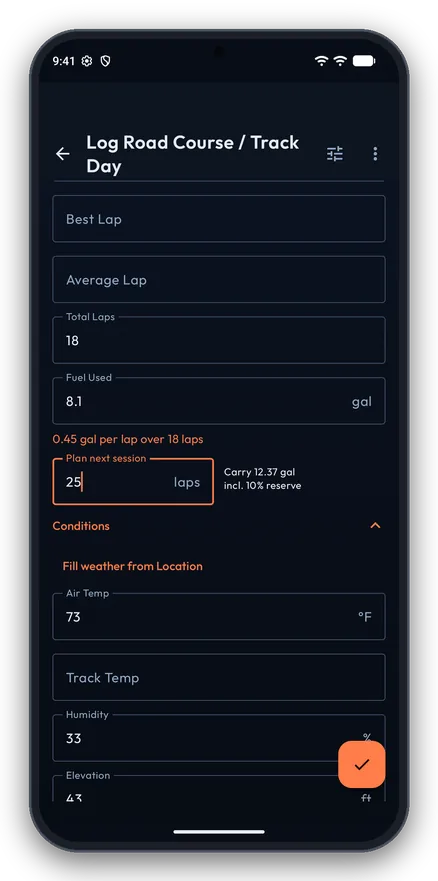 Fuel planner showing 0.45 gallons per lap and 12.37 gallons to carry for 25 laps